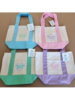 NWT Trader Joe’s Mini Pastel Canvas Tote Bags. 4 spring colors. Minis are back!